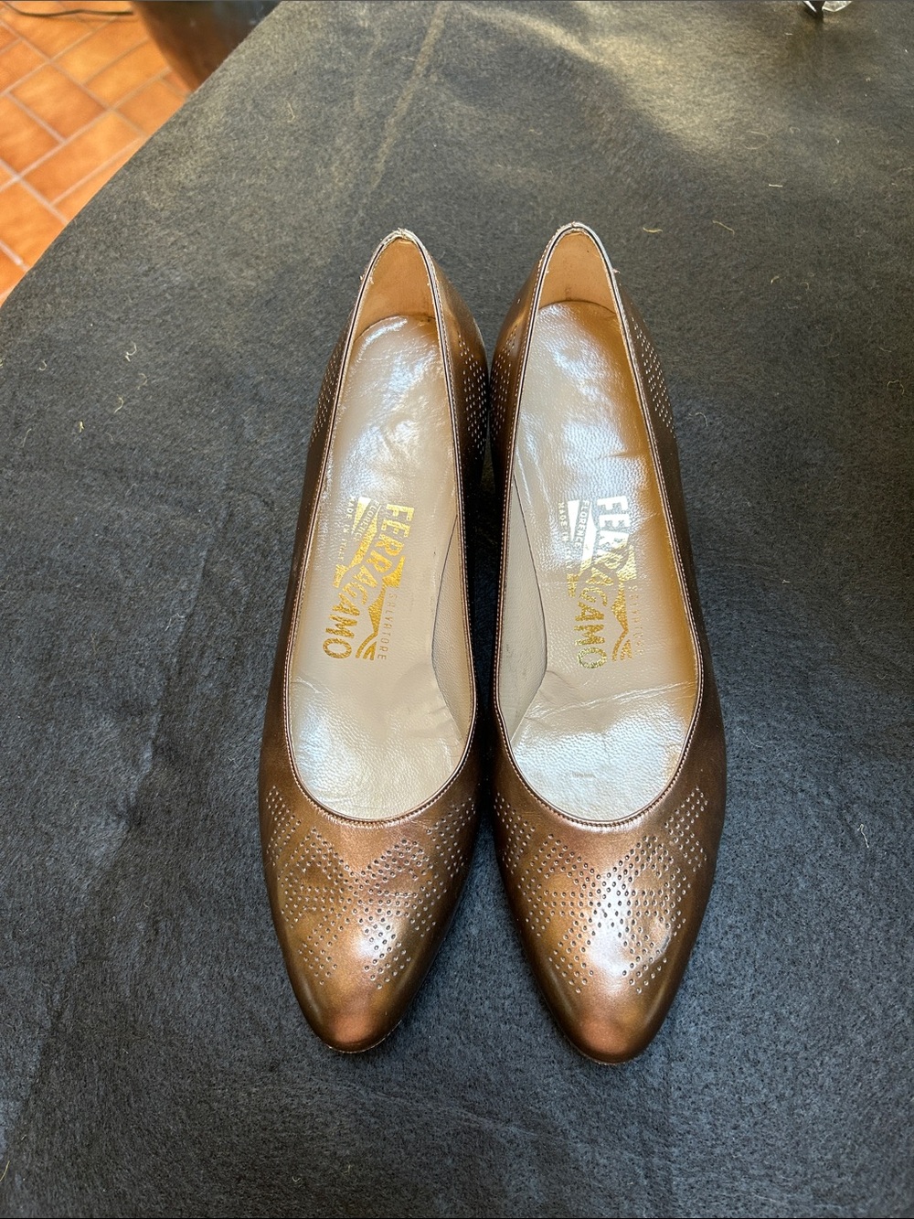 Salvatore Ferragamo Vintage Brown Leather Perforated Pointed-Toe Pumps